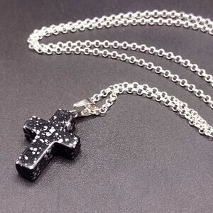 925 Silver Necklace With Black Granite Cross Valentine Anniversary Birthday Gift